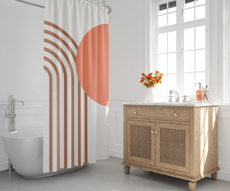 Geometric Shower Curtain, Modern Abstract Bath Curtain, Green Brown Gray Orange Bathroom Curtain, Boho Bathroom Design Decor Ideas - Image 3