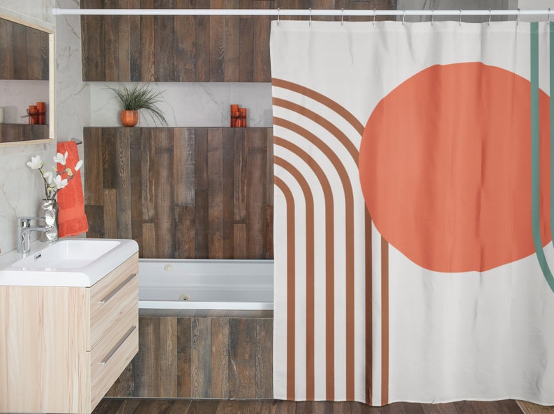Geometric Shower Curtain, Modern Abstract Bath Curtain, Green Brown Gray Orange Bathroom Curtain, Boho Bathroom Design Decor Ideas - Image 4