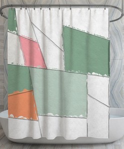 Geometric Shower Curtains, Grunge Abstract Mosaic Shower Curtain, Green Pink and White Decor, Pastel Bathroom, Minimalist Bath Decor