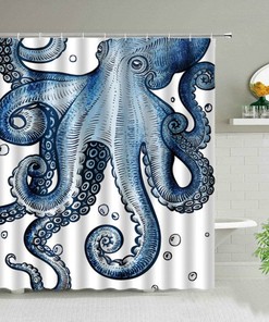 Giant Octopus Shower Curtain, Blue White Ocean Sea Coastal Marine Squid Mollusca, Bath Tub Curtain
