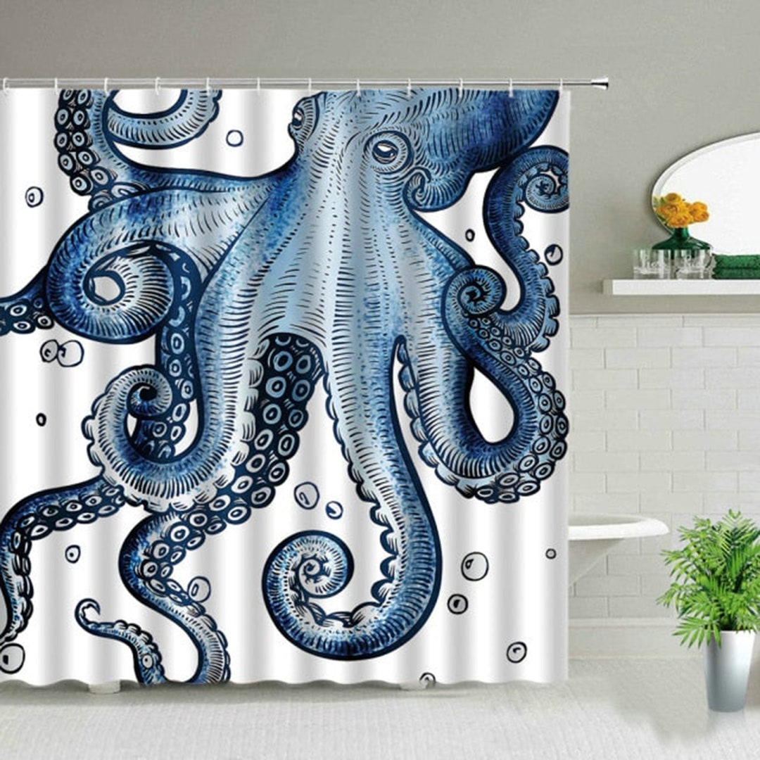 Giant Octopus Shower Curtain, Blue White Ocean Sea Coastal Marine Squid