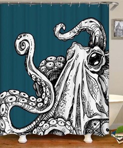 Giant Octopus Shower Curtain, Blue White Ocean Sea Coastal Marine Squid Mollusca, Bath Tub Curtain Accessories