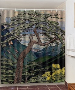 Giant Tree In The Mountain Shower Curtain, Valley Landscape Yellow Flower Green Leaves Decor