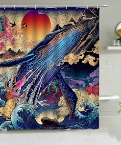 Giant Whale In The Ocean Shower Curtain, Japanese Classic Underwater World Sea Mammal Fish Home Bathroom Decor, House Gift