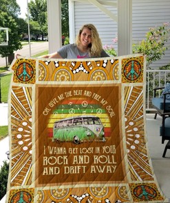 Give Me The Beat And Free My Soul I Wanna Get Lost In Your Rock And Roll And Drift Away Hippie Van Cars Quilt Blanket Bedding Set