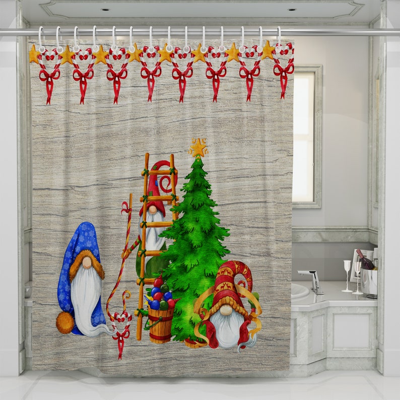 Gnomes Christmas Shower Curtain, Elf Bathroom Decor, Holiday Gnomes - Image 2