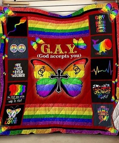 God Accepts You With Multi Colored Striped Of Lgbt Flag Pattern Quilt Blanket Bedding Set