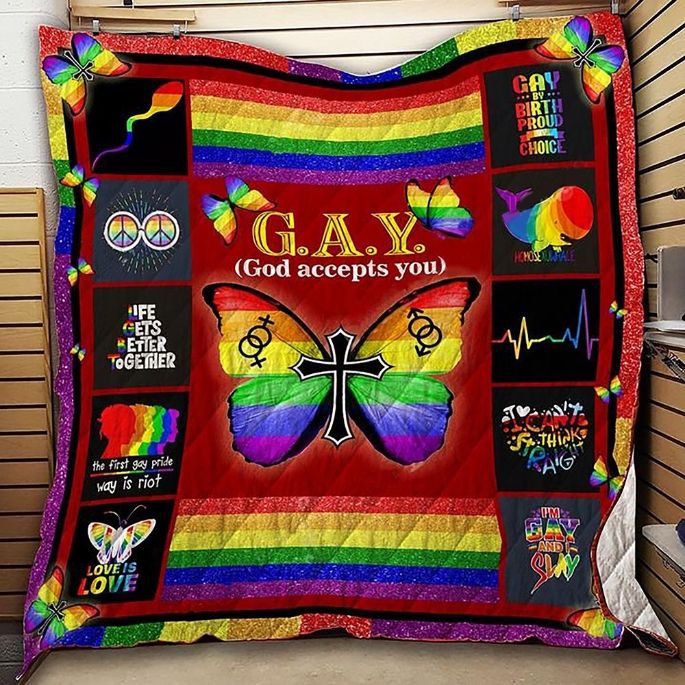God Accepts You With Multi Colored Striped Of Lgbt Flag Pattern Quilt Blanket Bedding Set