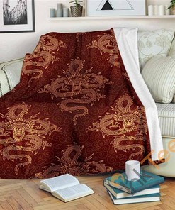 Gold Chinese Dragon Pattern Sherpa Fleece Blanket Gifts for Family, for Couple