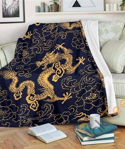 Gold Japanese Dragon Pattern Sherpa Fleece Blanket Gifts for Family, for Couple