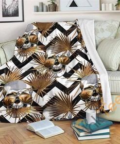 Gold Tropical Skull Pattern Sherpa Fleece Blanket Gifts for Family, for Couple