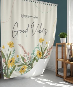 Good Vibes Floral Shower Curtain, Botanical Summer Flowers Leaves Garden, House Warming Gift