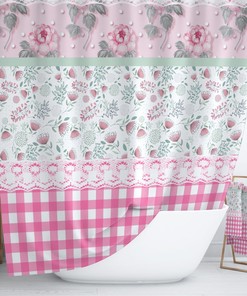 Granny Chic Shower Curtain, Pink Floral And Gingham, Bathroom Set