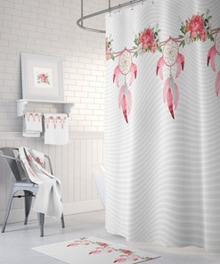 Gray And Pink Dreamcatcher Shower Curtain, Optional Towels And Bath Mat