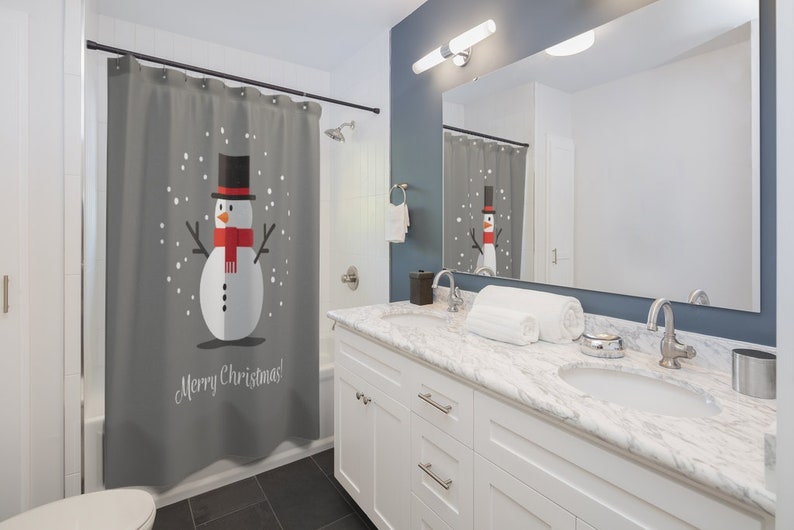 Gray Christmas Holiday Snowman - Shower Curtain - Image 2
