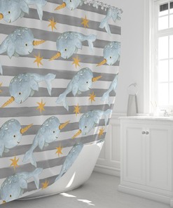 Gray Narwhal Shower Curtain, Bathroom Decor