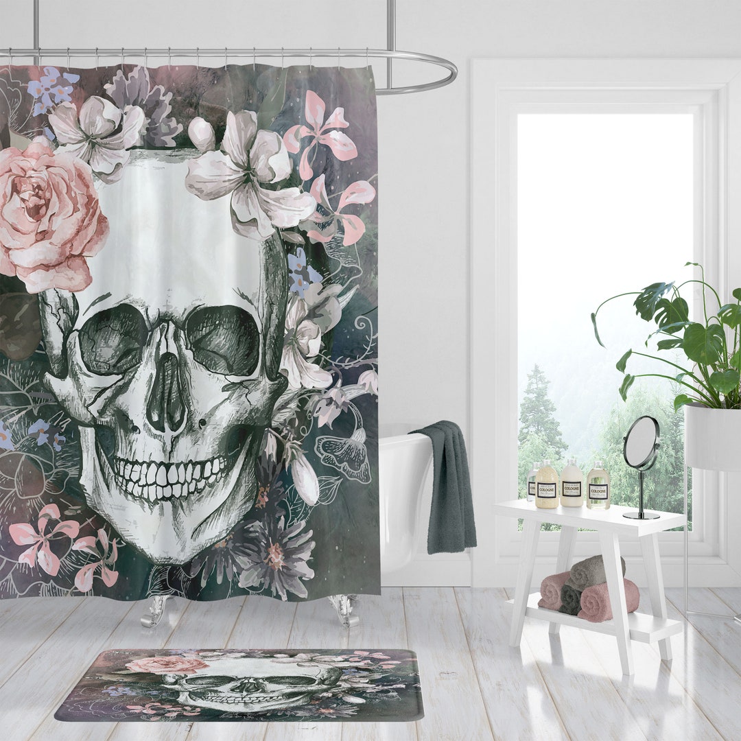 Gray Sugar Skull Shower Curtain For Bathroom Decor
