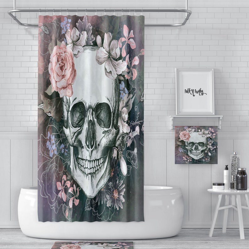 Gray Sugar Skull Shower Curtain For Bathroom Decor - Image 2