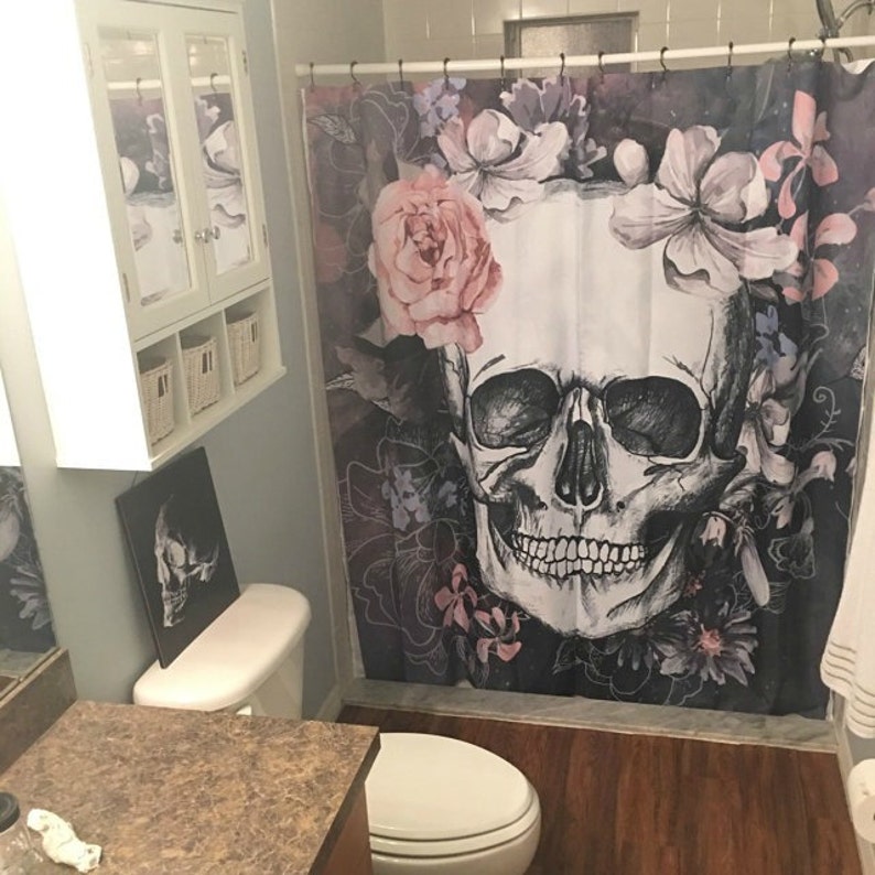 Gray Sugar Skull Shower Curtain For Bathroom Decor - Image 3