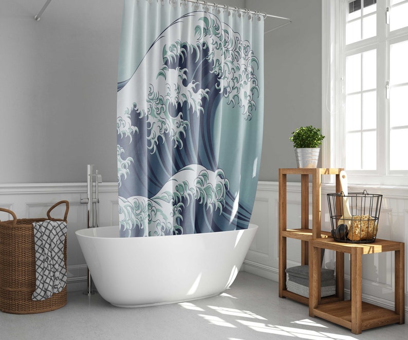 Great Wave Of Kanagawa Shower Curtain, Japan Sea Ocean Coast, Home Bath Set Decor, Housewarming Gift - Image 2