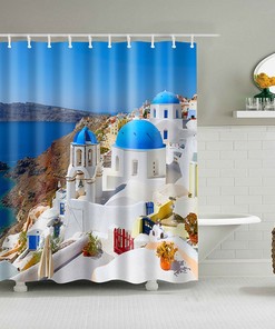 Greek Santorini Scenic Landscape Shower Curtain, Ocean Beach Greece Island Blue Fabric Bathroom Curtain, Bath Curtain