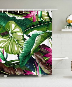 Green Banana Leaves Shower Curtain, Botanical Tropical Pink Flower Forest, Fabric Bath Curtain