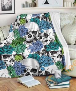 Green Blue Flowers Skull Pattern Sherpa Fleece Blanket Gifts for Family, for Couple