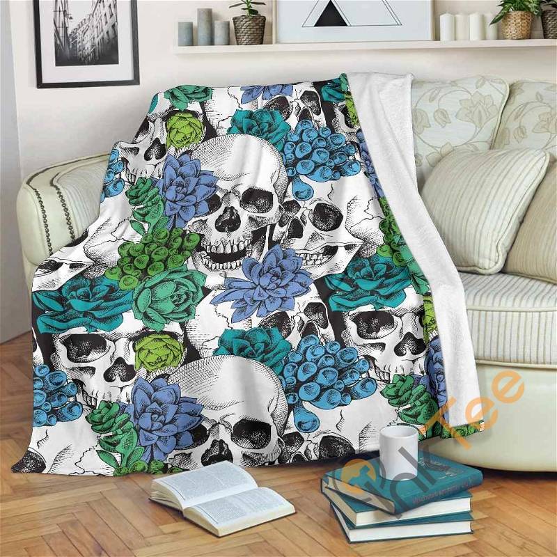 Green Blue Flowers Skull Pattern Sherpa Fleece Blanket Gifts for Family, for Couple