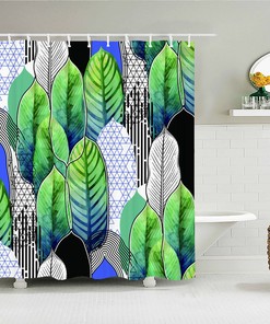 Green Blue Leaves Shower Curtain, Botanical Tropical Geometric Graphic, Fabric Bath Curtain