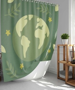 Green Earth Day Shower Curtain, Floral Flowers Globe Map, Linen Bathroom Curtain, House Warming Gift