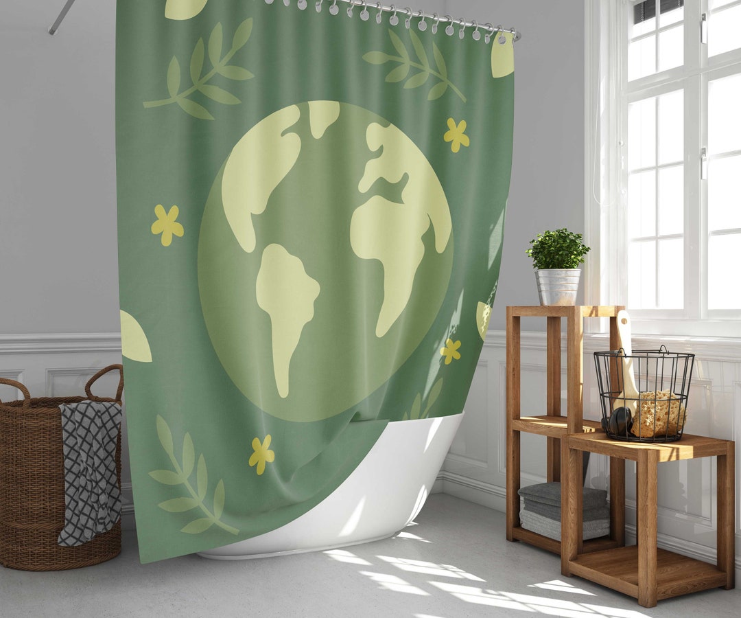 Green Earth Day Shower Curtain, Floral Flowers Globe Map, Linen Bathroom Curtain, House Warming Gift