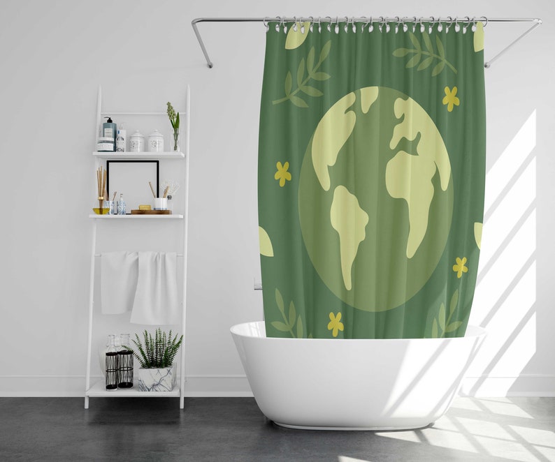 Green Earth Day Shower Curtain, Floral Flowers Globe Map, Linen Bathroom Curtain, House Warming Gift - Image 2