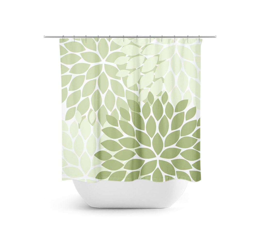 Green Flower Shower Curtain, Floral Bath Curtain, Sage Bathroom, Fabric Shower Curtain, Girls Bathroom Decor, Green Bathroom