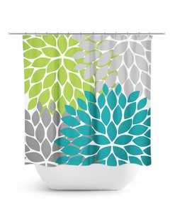 Green Gray Turquoise Shower Curtain, Floral Bath Curtain, Turquoise Bathroom, Girls Bathroom Decor, Apple Green Bathroom