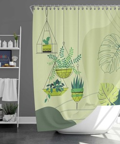 Green Hanging Basket Shower Curtain, Plants Leaves Bathroom Curtain, Shower, House Warming Gift