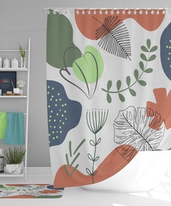 Green Leaves Boho Shower Curtain, Bohemian Abstract Retro Fabric Bathroom Curtain, House Warming Gift