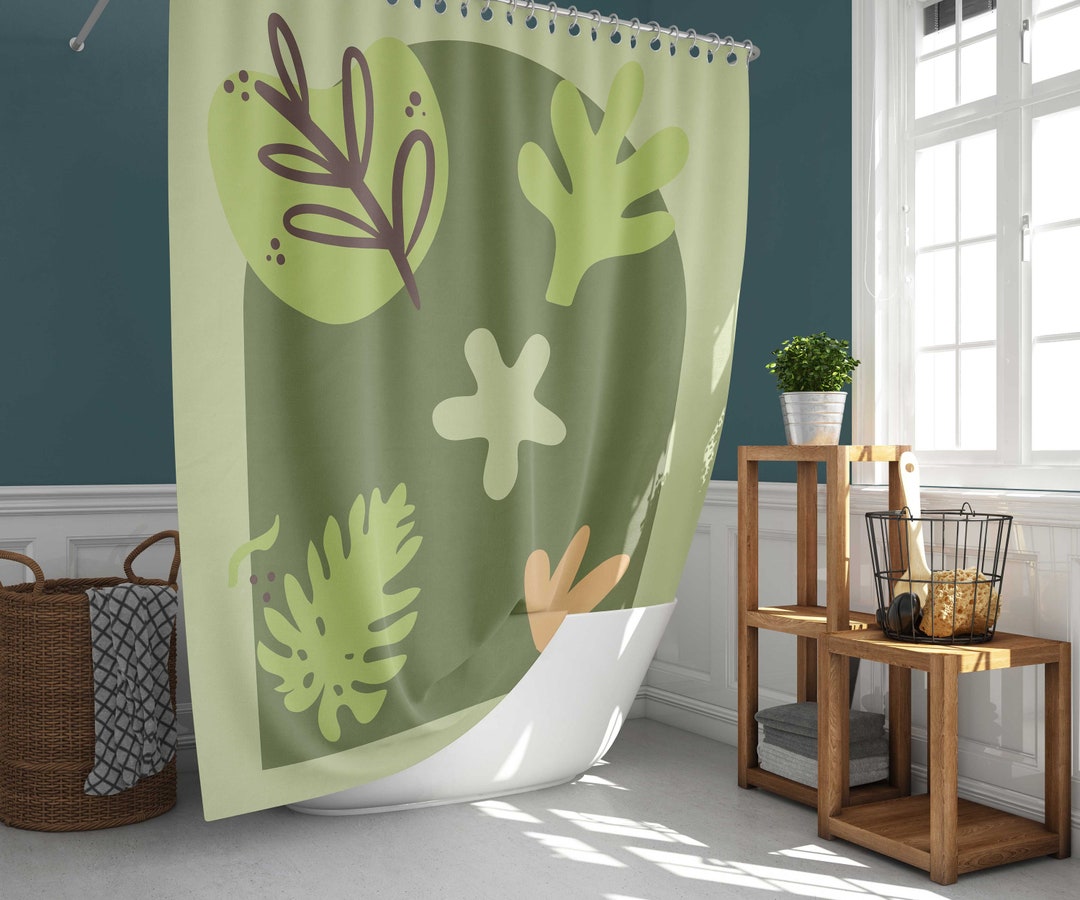 Green Leaves Boho Shower Curtain, Bohemian Botanical Tropical Monstera Fabric Bathroom Curtain, House Warming Gift