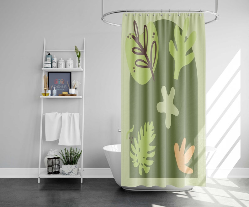 Green Leaves Boho Shower Curtain, Bohemian Botanical Tropical Monstera Fabric Bathroom Curtain, House Warming Gift - Image 2