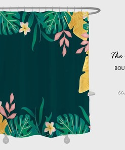 Green Leaves Flowers Shower Curtain, Tropical Leaf Bathroom Decor, Waterproof Washable Bath Curtain