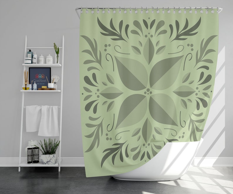Green Leaves Graphic Shower Curtain, Home Bath Decor Accessories, House Warming Gift - Image 2