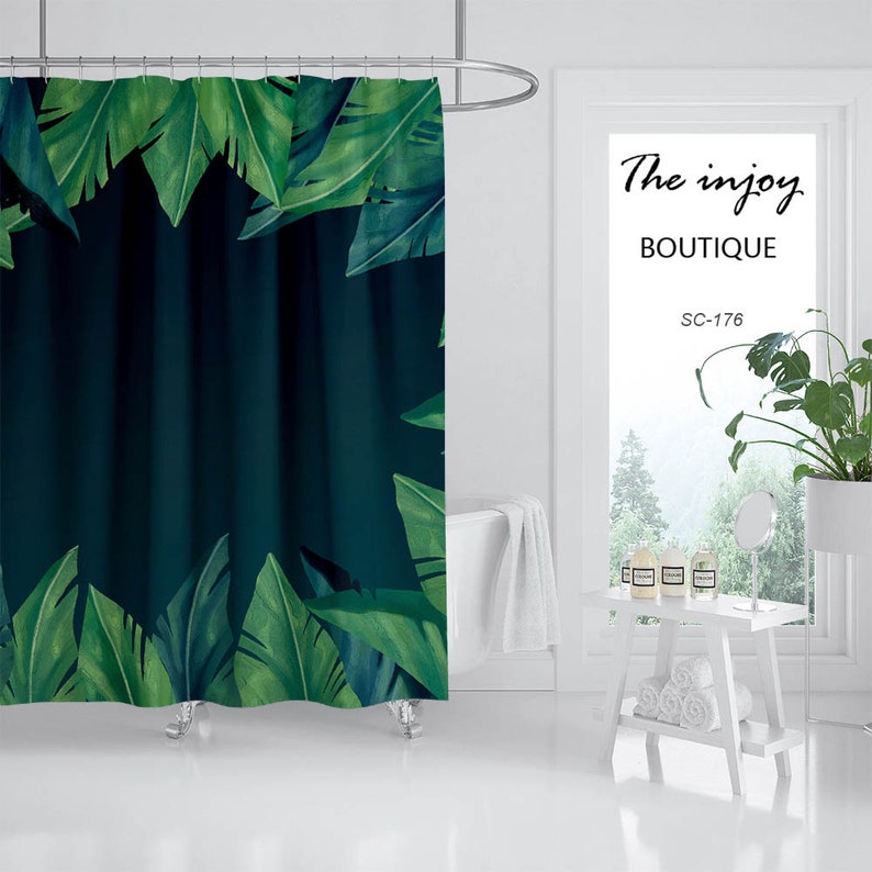 Green Leaves Shower Curtain, Boho Leaf Bathroom Decor, Waterproof Washable Bath Curtain - Image 2