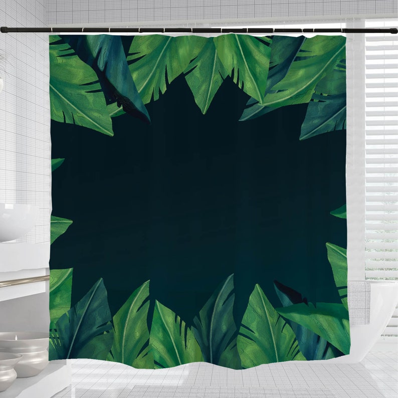 Green Leaves Shower Curtain, Boho Leaf Bathroom Decor, Waterproof Washable Bath Curtain - Image 3