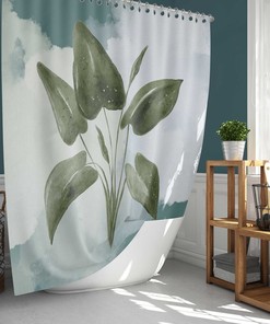Green Leaves Shower Curtain, Botanical Tropical Leaf Blue Watercolor Fabric Bathroom Curtain, Home Bath Decor, House Warming Gift