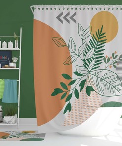 Green Leaves Sun Boho Shower Curtain, Bohemian Abstract Retro Fabric Bathroom Curtain, House Warming Gift