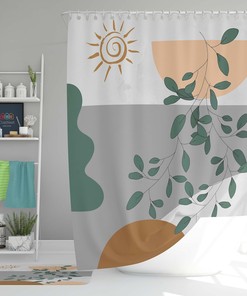Green Leaves Sun Boho Shower Curtain, Bohemian Minimalist Abstract Fabric Bathroom Curtain, Home Bathroom Decor