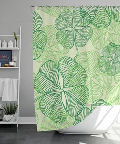 Green Lucky Clover Shower Curtain, Botanical Tropical Leaves Fabric Bathroom Curtain, House Warming Gift
