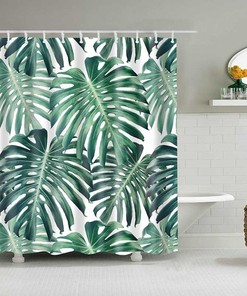 Green Palm Leaves Shower Curtain, Botanical Tropical Rain Forest Plant Fabric Bathroom Curtain, Bath Curtain