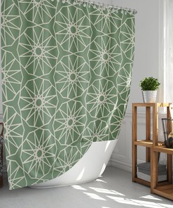 Green Star Geometry Shower Curtain, Retro Minimalist Graphic Vintage Fabric Bathroom Curtain, Home Bathroom Set Decor