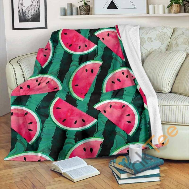 Green Striped Watermelon Pattern Sherpa Fleece Blanket Gifts for Family, for Couple
