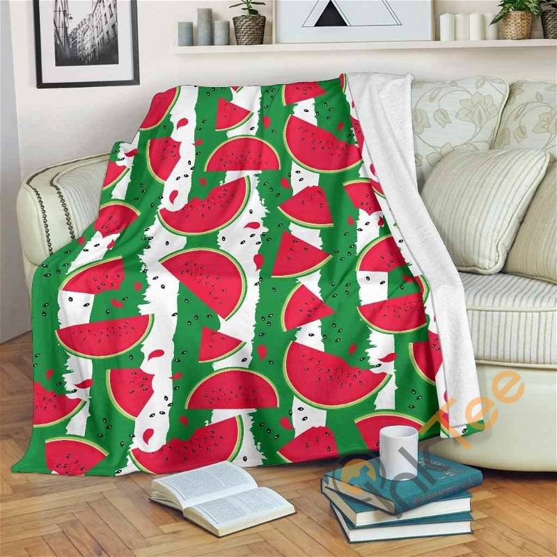 Green Stripes Watermelon Pattern Sherpa Fleece Blanket Gifts for Family, for Couple